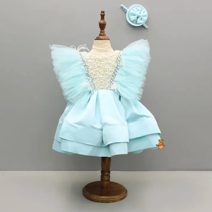 Sale Blue Embellished Frilly Layered Dress With Detachable Bow And Swirled Bow Headband Dresses & Sets | Dresses