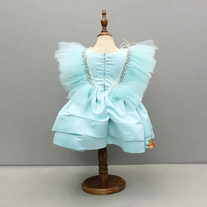 Sale Blue Embellished Frilly Layered Dress With Detachable Bow And Swirled Bow Headband Dresses & Sets | Dresses