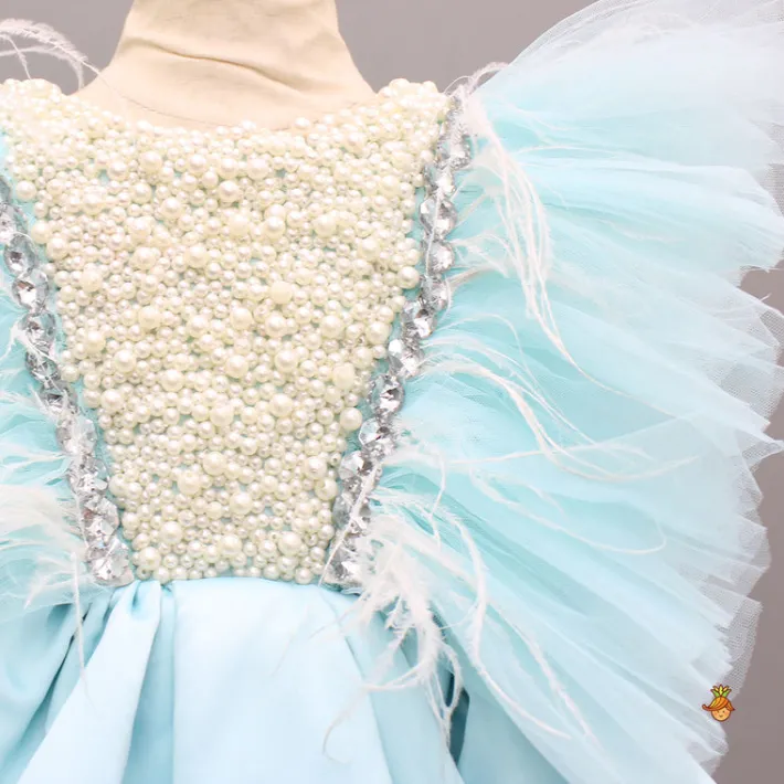 Sale Blue Embellished Frilly Layered Dress With Detachable Bow And Swirled Bow Headband Dresses & Sets | Dresses