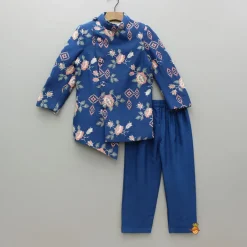 Fashion Blue Embroidered Asymmetric Sherwani And Pyjama BOY Indian Ethnic Wear | Sherwani Sets