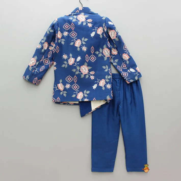 Fashion Blue Embroidered Asymmetric Sherwani And Pyjama BOY Indian Ethnic Wear | Sherwani Sets