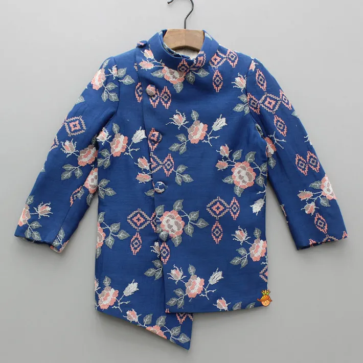 Fashion Blue Embroidered Asymmetric Sherwani And Pyjama BOY Indian Ethnic Wear | Sherwani Sets