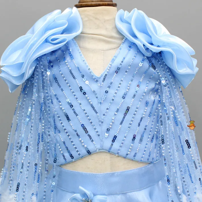 Hot Blue Embroidered Embellished Top With Shoulder Drapes And Lehenga Ethnic Wear | Lehengas & Ghagras