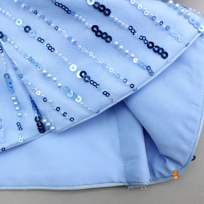 Hot Blue Embroidered Embellished Top With Shoulder Drapes And Lehenga Ethnic Wear | Lehengas & Ghagras