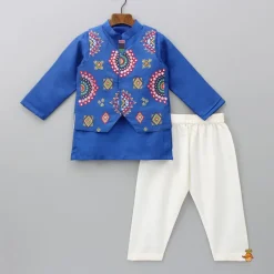 Online Blue Embroidered Jacket With Kurta And Pyjama BOY Twinning Sets | Indian Ethnic Wear
