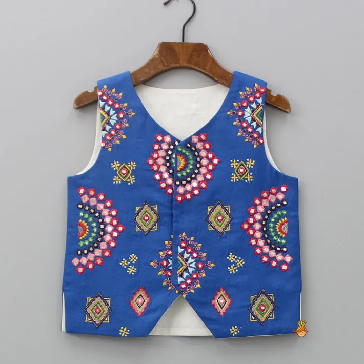 Online Blue Embroidered Jacket With Kurta And Pyjama BOY Twinning Sets | Indian Ethnic Wear