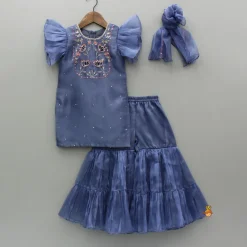 Sale Blue Embroidered Kurti With Pleated Sharara And Dupatta Ethnic Wear | Palazzos & Shararas