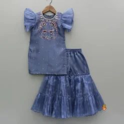 Sale Blue Embroidered Kurti With Pleated Sharara And Dupatta Ethnic Wear | Palazzos & Shararas