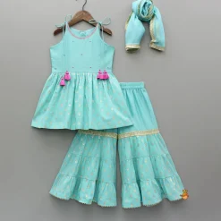 Outlet Blue Embroidered Strappy Kurti And Tiered Sharara With Dupatta Ethnic Wear | Palazzos & Shararas