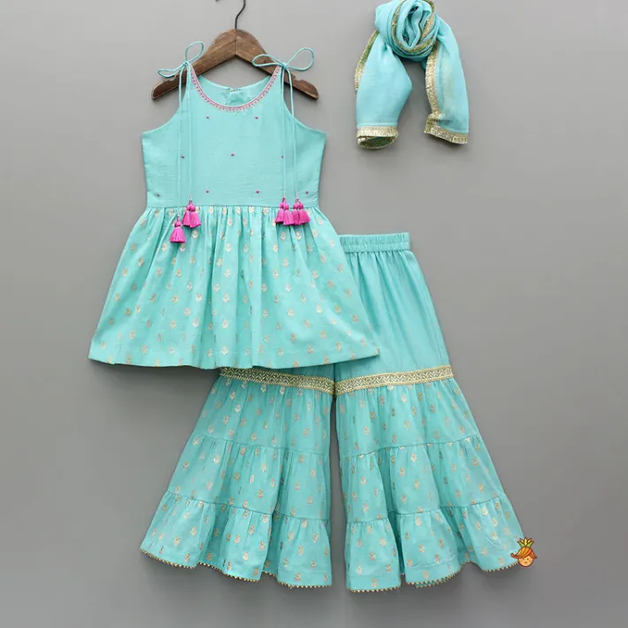 Outlet Blue Embroidered Strappy Kurti And Tiered Sharara With Dupatta Ethnic Wear | Palazzos & Shararas