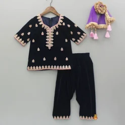 Discount Blue Embroidered Velvet Kurti And Patiala With Fringes Detailed Dupatta Ethnic Wear | Dhotis & Patialas