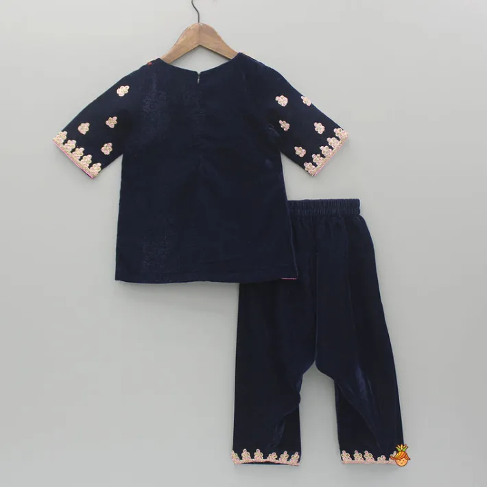 Discount Blue Embroidered Velvet Kurti And Patiala With Fringes Detailed Dupatta Ethnic Wear | Dhotis & Patialas