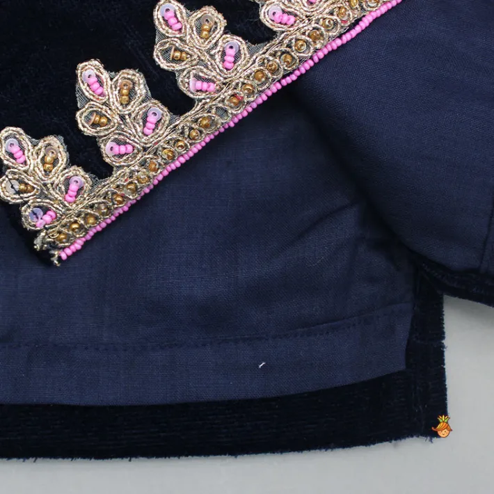 Discount Blue Embroidered Velvet Kurti And Patiala With Fringes Detailed Dupatta Ethnic Wear | Dhotis & Patialas