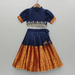Clearance Blue Floral Embroidered Top And Pleated Lehenga Ethnic Wear | Lehengas & Ghagras