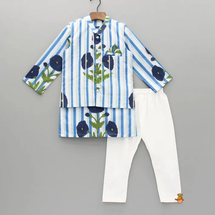 Outlet Blue Floral Printed Kurta With Gota Lace Detailed Jacket And Pyjama BOY Indian Ethnic Wear | Ethnic Sets