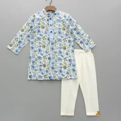 Online Blue Floral Printed Kurta With Front Open Jacket And Pyjama BOY Indian Ethnic Wear | Ethnic Sets