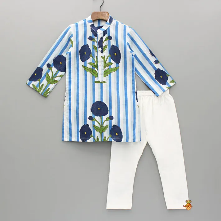 Outlet Blue Floral Printed Kurta With Gota Lace Detailed Jacket And Pyjama BOY Indian Ethnic Wear | Ethnic Sets
