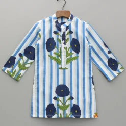 Outlet Blue Floral Printed Kurta With Gota Lace Detailed Jacket And Pyjama BOY Indian Ethnic Wear | Ethnic Sets