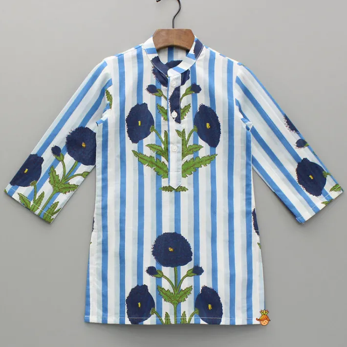 Outlet Blue Floral Printed Kurta With Gota Lace Detailed Jacket And Pyjama BOY Indian Ethnic Wear | Ethnic Sets