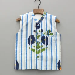 Outlet Blue Floral Printed Kurta With Gota Lace Detailed Jacket And Pyjama BOY Indian Ethnic Wear | Ethnic Sets