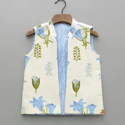 Online Blue Floral Printed Kurta With Front Open Jacket And Pyjama BOY Indian Ethnic Wear | Ethnic Sets