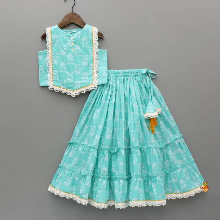 Clearance Blue Floral Printed Lace Top And Tiered Lehenga Ethnic Wear | Lehengas & Ghagras