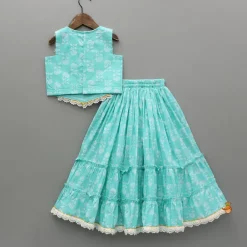 Clearance Blue Floral Printed Lace Top And Tiered Lehenga Ethnic Wear | Lehengas & Ghagras