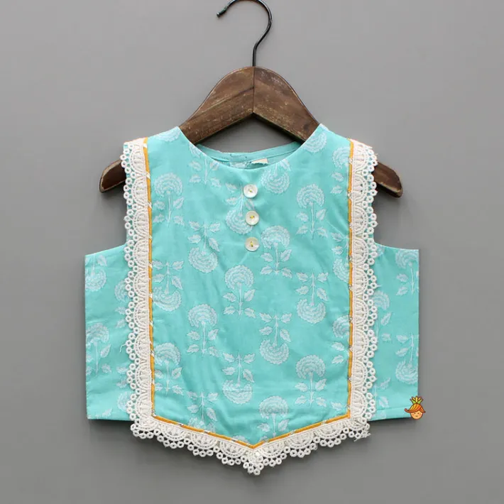 Clearance Blue Floral Printed Lace Top And Tiered Lehenga Ethnic Wear | Lehengas & Ghagras