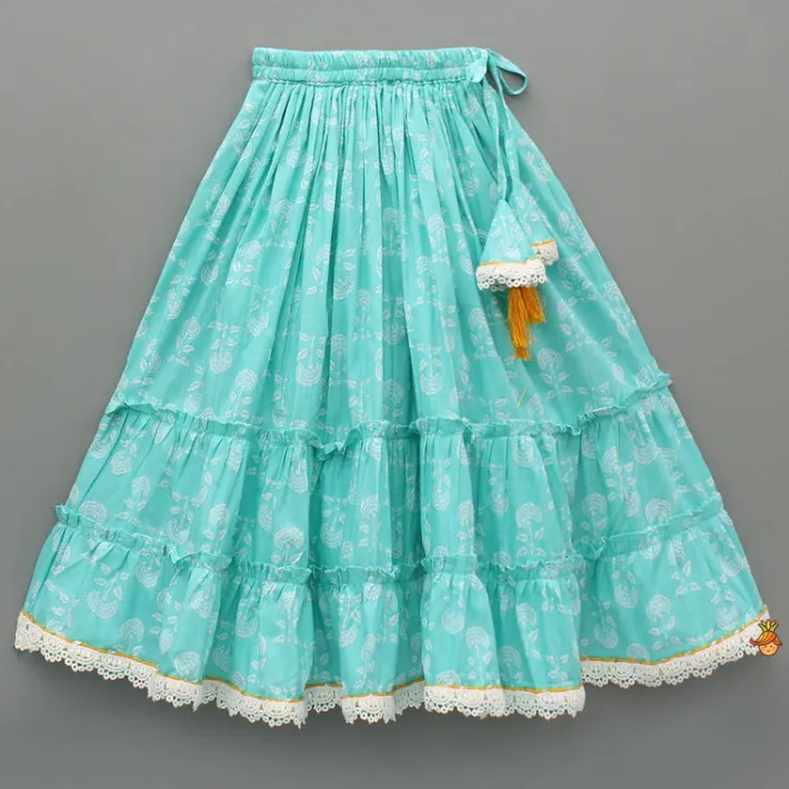 Clearance Blue Floral Printed Lace Top And Tiered Lehenga Ethnic Wear | Lehengas & Ghagras