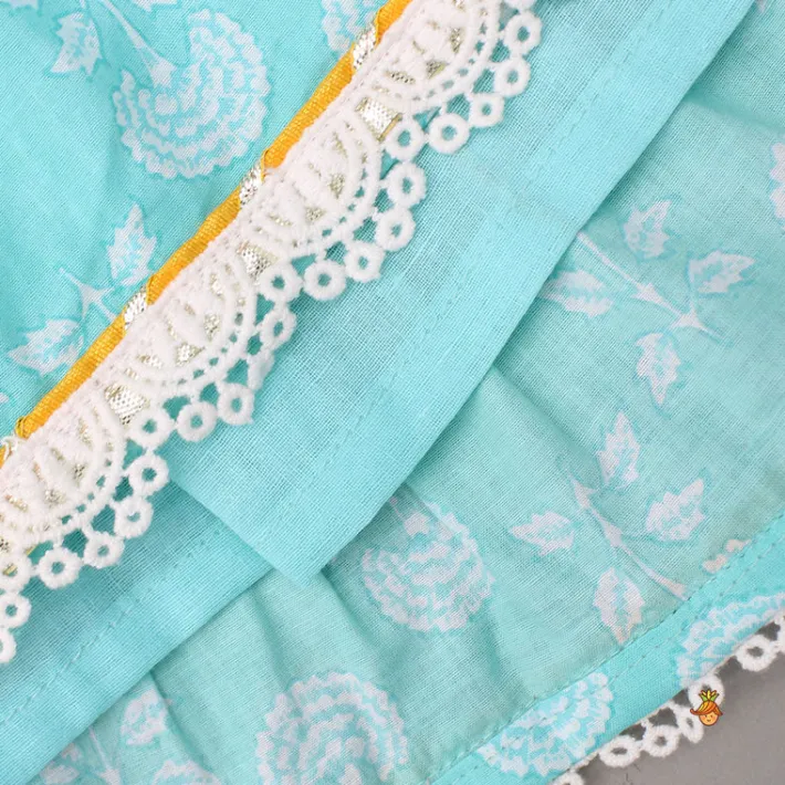 Clearance Blue Floral Printed Lace Top And Tiered Lehenga Ethnic Wear | Lehengas & Ghagras