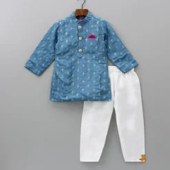 Outlet Blue Floral Thread And Sequin Work Kurta And Pyjama BOY Indian Ethnic Wear | Ethnic Sets