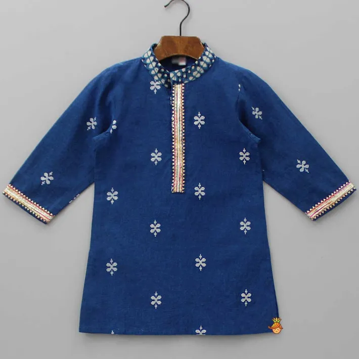 Discount Blue Gota Lace Work Placket Kurta And Pyjama BOY Indian Ethnic Wear | Ethnic Sets