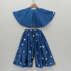 Outlet Blue Heart Embroidered Cape Attached Top And Flared Palazzo Ethnic Wear | Palazzos & Shararas