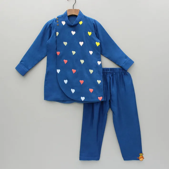 Outlet Blue Heart Embroidered Flap Kurta And Pyjama BOY Indian Ethnic Wear | Ethnic Sets