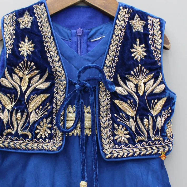 Hot Blue Jumpsuit With Velvet Embroidered Jacket Ethnic Wear