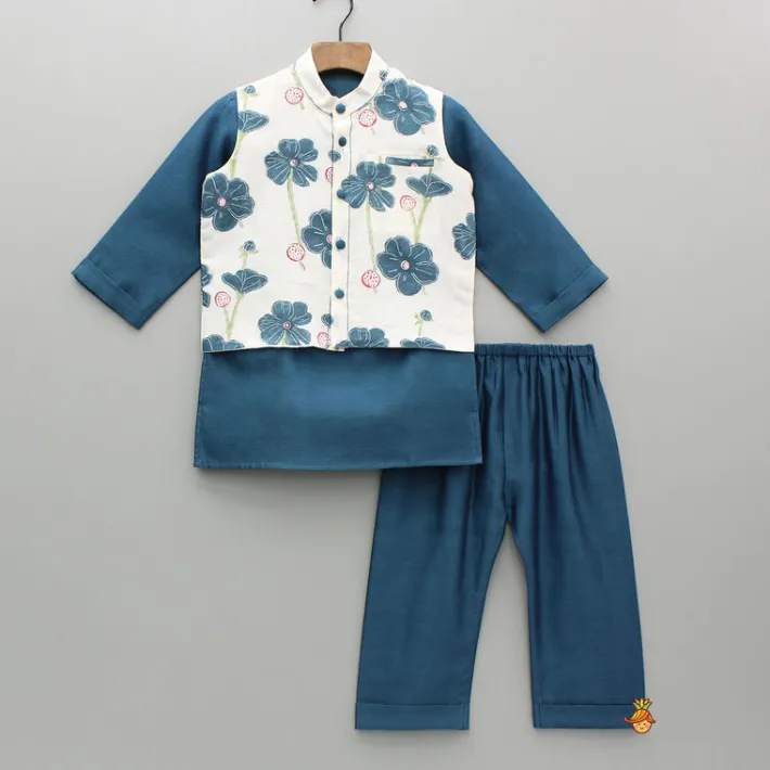 Outlet Blue Kurta And Floral Hand Block Printed Jacket And Pyjama BOY Twinning Sets | Indian Ethnic Wear