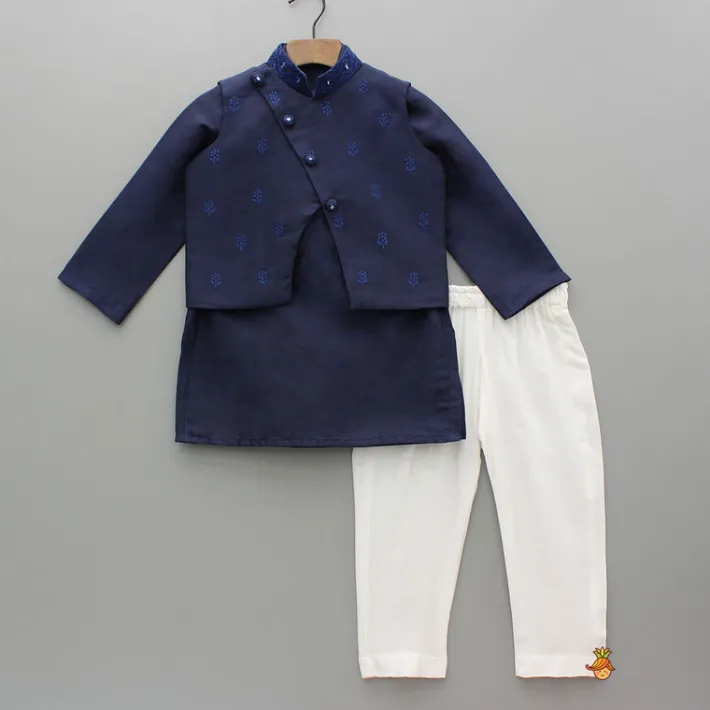 Best Blue Kurta With Diagonal Button Detail Jacket And Pyjama BOY Twinning Sets | Indian Ethnic Wear