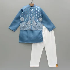New Blue Kurta With Embroidered Jacket And Pyjama BOY Indian Ethnic Wear | Ethnic Sets