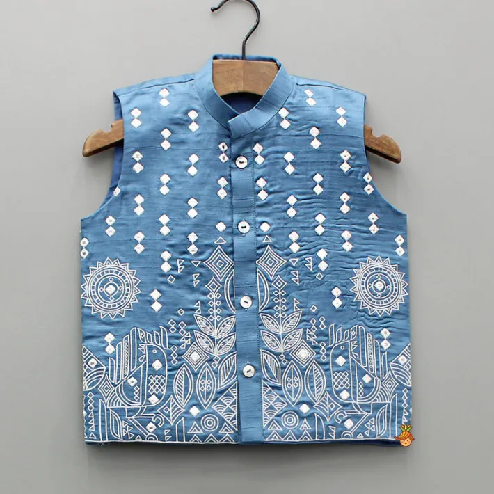 New Blue Kurta With Embroidered Jacket And Pyjama BOY Indian Ethnic Wear | Ethnic Sets