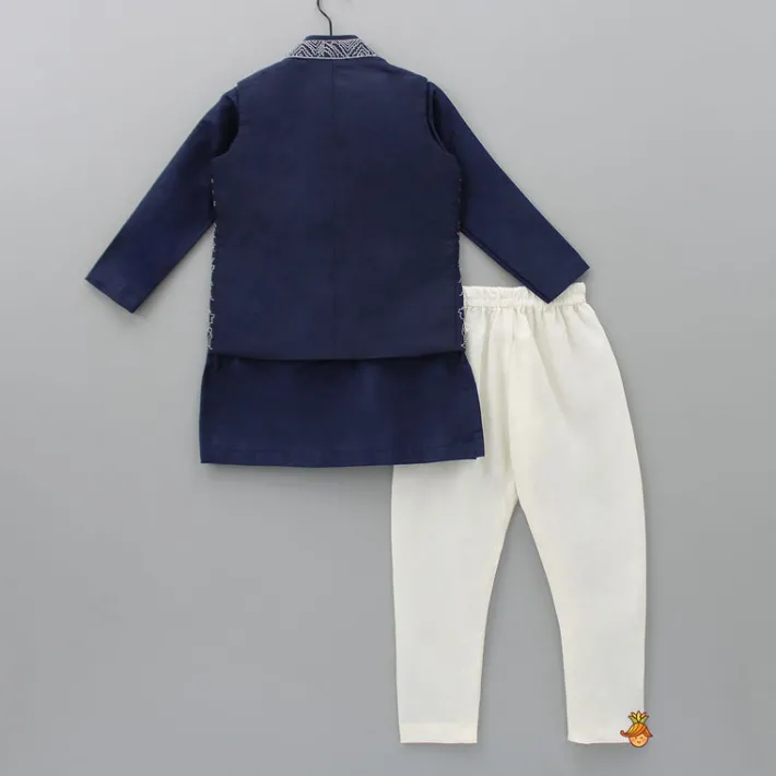 Fashion Blue Kurta With Fringed Jacket And Churidar BOY Indian Ethnic Wear | Ethnic Sets