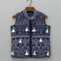 Fashion Blue Kurta With Fringed Jacket And Churidar BOY Indian Ethnic Wear | Ethnic Sets