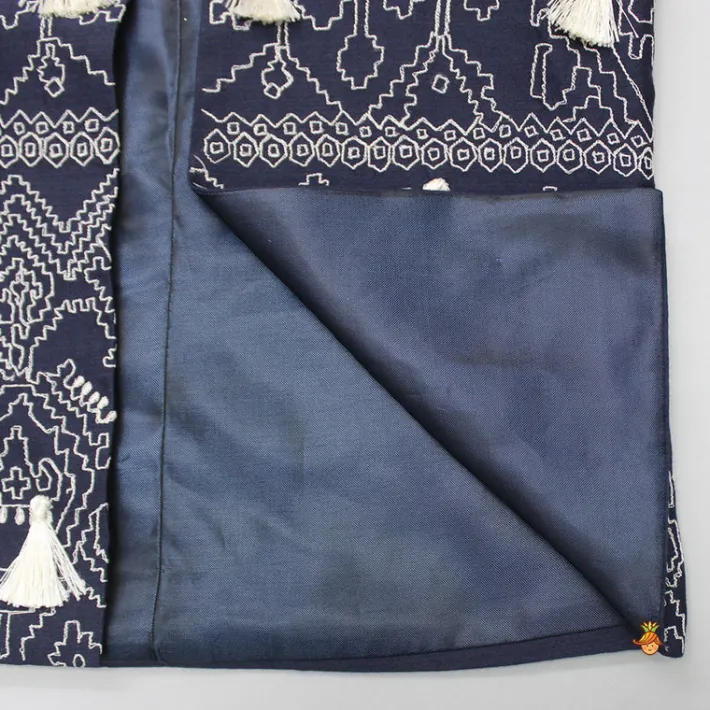 Fashion Blue Kurta With Fringed Jacket And Churidar BOY Indian Ethnic Wear | Ethnic Sets