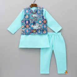 Online Blue Kurta With Multicolour Jacket And Pyjama BOY Indian Ethnic Wear | Ethnic Sets