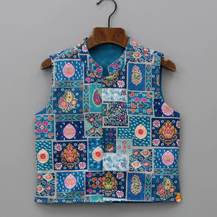 Online Blue Kurta With Multicolour Jacket And Pyjama BOY Indian Ethnic Wear | Ethnic Sets