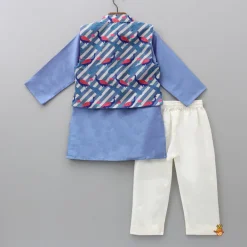 Best Blue Kurta With Peacock Printed Front Open Jacket And Pyjama BOY Twinning Sets | Indian Ethnic Wear