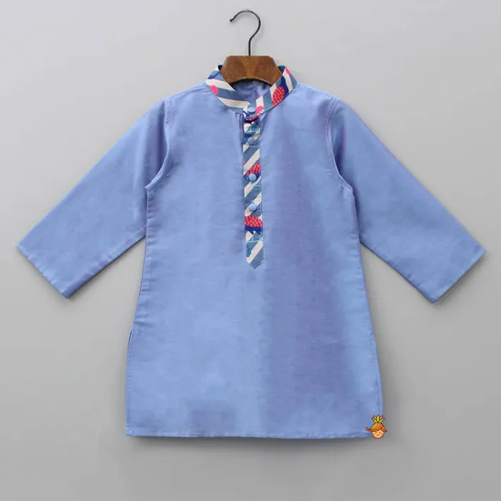 Best Blue Kurta With Peacock Printed Front Open Jacket And Pyjama BOY Twinning Sets | Indian Ethnic Wear