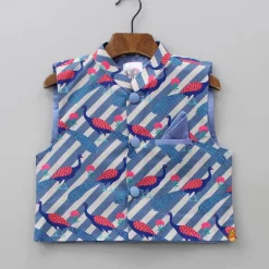 Best Blue Kurta With Peacock Printed Front Open Jacket And Pyjama BOY Twinning Sets | Indian Ethnic Wear