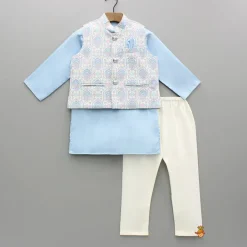 New Blue Kurta With Printed Embroidered Jacket And Pyjama BOY Indian Ethnic Wear | Ethnic Sets