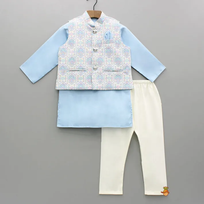 New Blue Kurta With Printed Embroidered Jacket And Pyjama BOY Indian Ethnic Wear | Ethnic Sets
