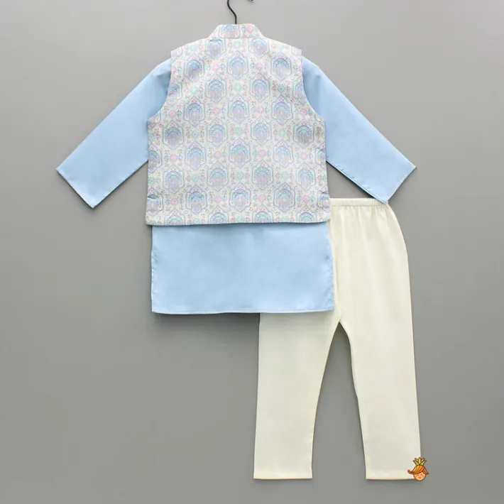 New Blue Kurta With Printed Embroidered Jacket And Pyjama BOY Indian Ethnic Wear | Ethnic Sets